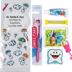 Custom SmileCare™ Youth Dental Paratrooper Premium Zippered Bag Dental Kits with Flossers