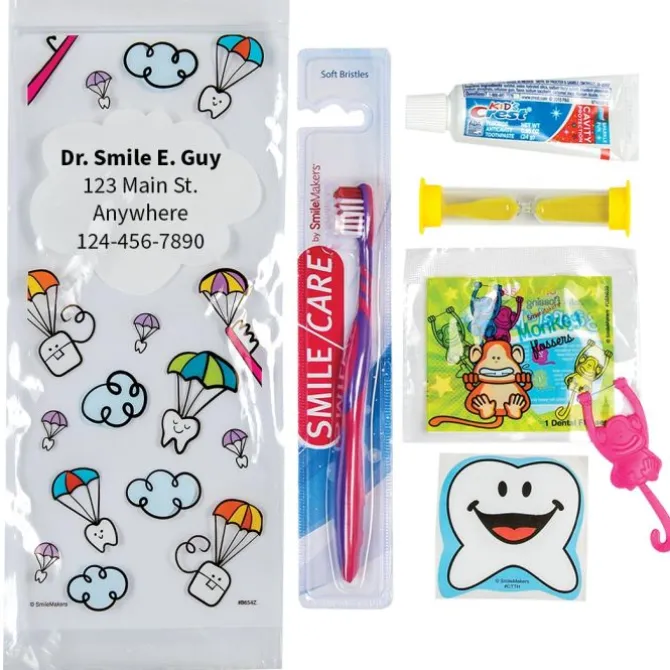 Custom SmileCare™ Youth Dental Paratrooper Premium Zippered Bag Dental Kits with Flossers